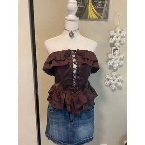 maroon forever 21 strapless lace up ruffle top